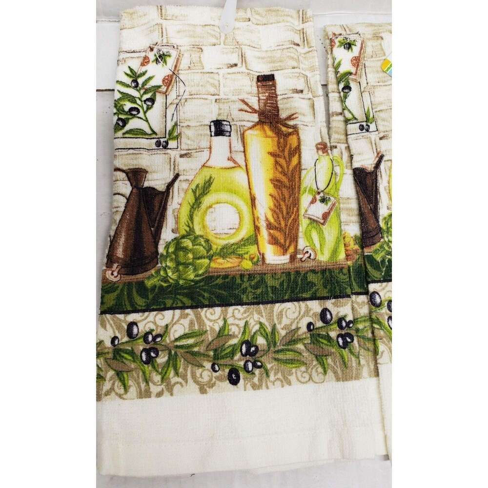 Set of 3 Same Printed Cotton Towels (15"x25") OLIVES & OLIVE OIL BOTTLES # 1, AM